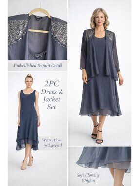 SLNY Size 16 Womens 2-Piece Chiffon Dress & Jacket  Sequin Embellishments
